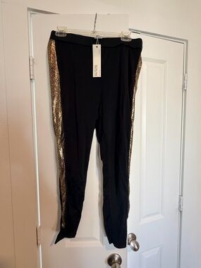 BloomChic Black Leggings with Metallic Gold Side Panels